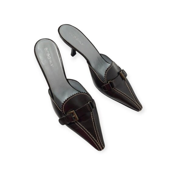 BCBGirls Brown Pointed Toe Kitten Heel Loafer Mules With Buckle Detail SZ 7.5 - Picture 2 of 14